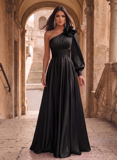 A-Line One-Shoulder Long Sleeves Sweep Train Evening Dresses