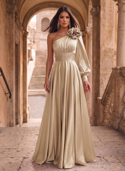 A-Line One-Shoulder Long Sleeves Sweep Train Evening Dresses
