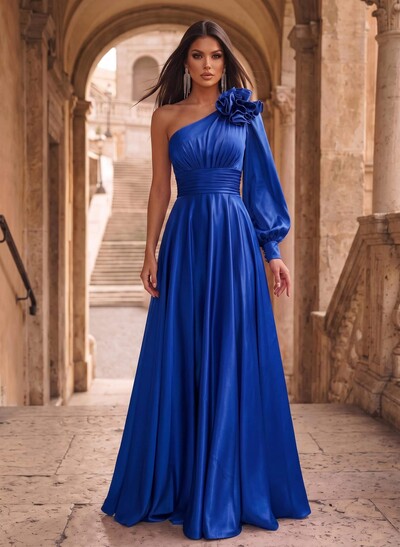 A-Line One-Shoulder Long Sleeves Sweep Train Evening Dresses