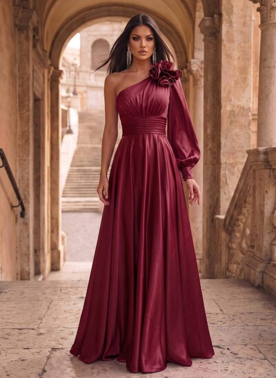 A-Line One-Shoulder Long Sleeves Sweep Train Evening Dresses