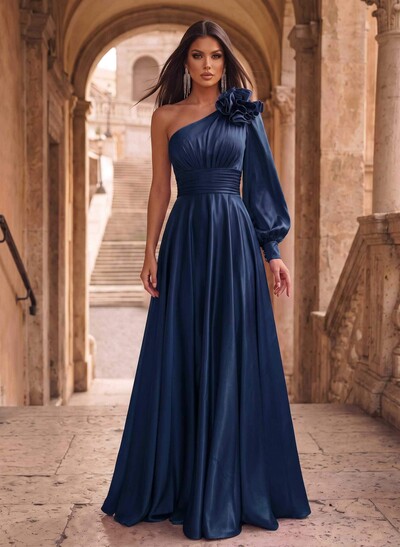 A-Line One-Shoulder Long Sleeves Sweep Train Evening Dresses