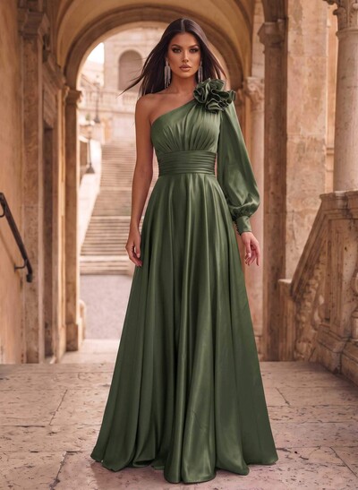A-Line One-Shoulder Long Sleeves Sweep Train Evening Dresses