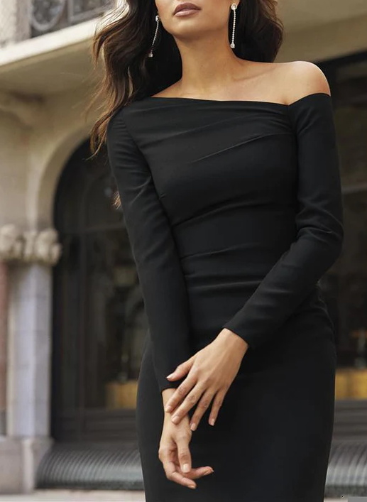 Glamour Black Long Sleeves Crepe Evening Dresses