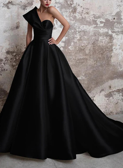 One-Shoulder A-Line Satin Evening Dresses With Court Train