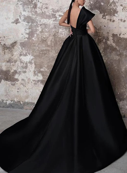 One-Shoulder A-Line Satin Evening Dresses With Court Train