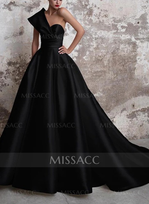 One-Shoulder A-Line Satin Evening Dresses With Court Train