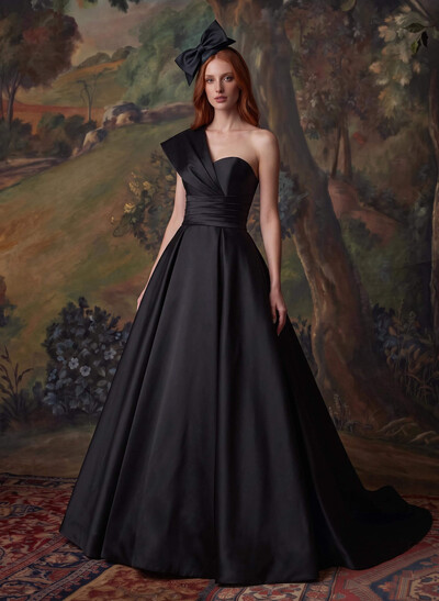 One-Shoulder A-Line Satin Evening Dresses With Court Train