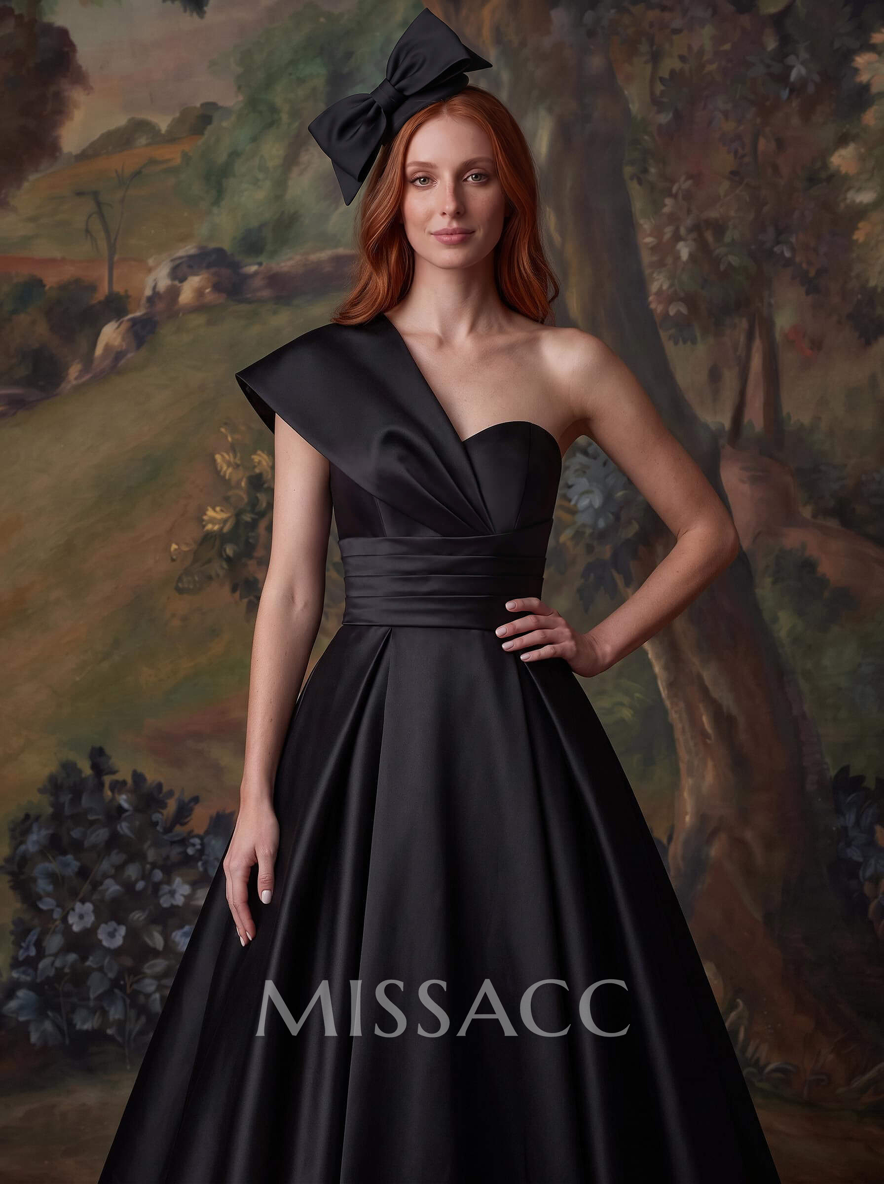 One-Shoulder A-Line Satin Evening Dresses With Court Train One-Shoulder A-Line Satin Evening Dresses With Court Train