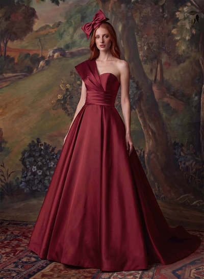 One-Shoulder A-Line Satin Evening Dresses With Court Train