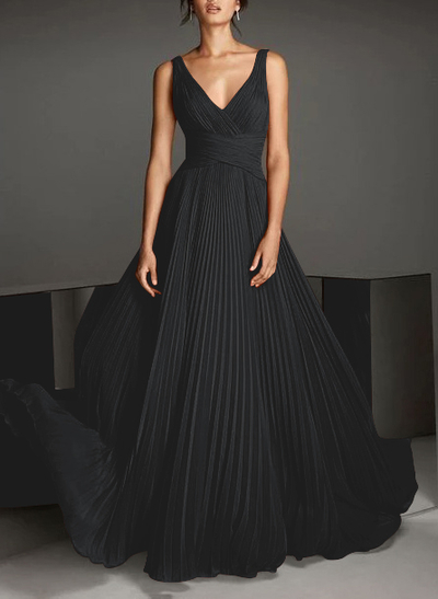 V-Neck A-Line Chiffon Pleated Evening Dresses