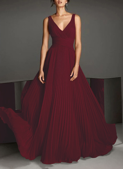 V-Neck A-Line Chiffon Pleated Evening Dresses