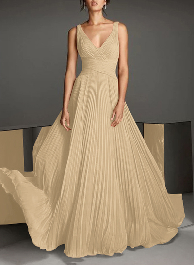 V-Neck A-Line Chiffon Pleated Evening Dresses