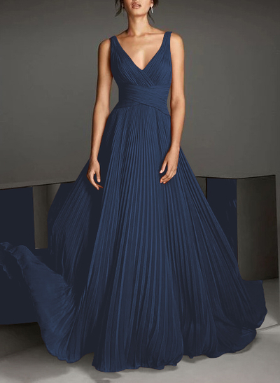 V-Neck A-Line Chiffon Pleated Evening Dresses