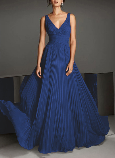 V-Neck A-Line Chiffon Pleated Evening Dresses