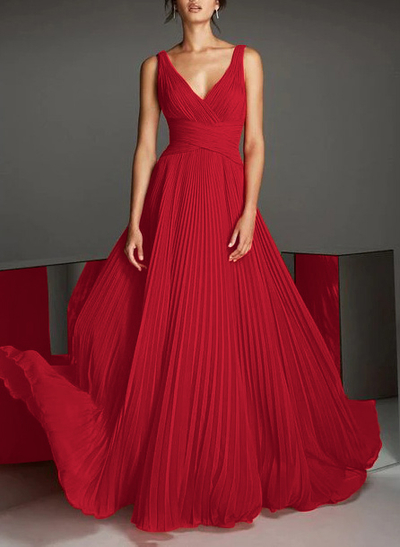 V-Neck A-Line Chiffon Pleated Evening Dresses