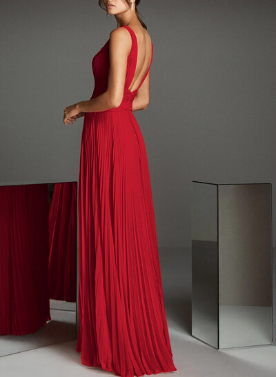 V-Neck A-Line Chiffon Pleated Evening Dresses