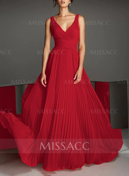 V-Neck A-Line Chiffon Pleated Evening Dresses