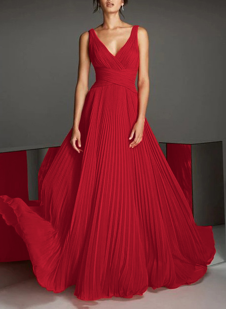 V-Neck A-Line Chiffon Pleated Evening Dresses