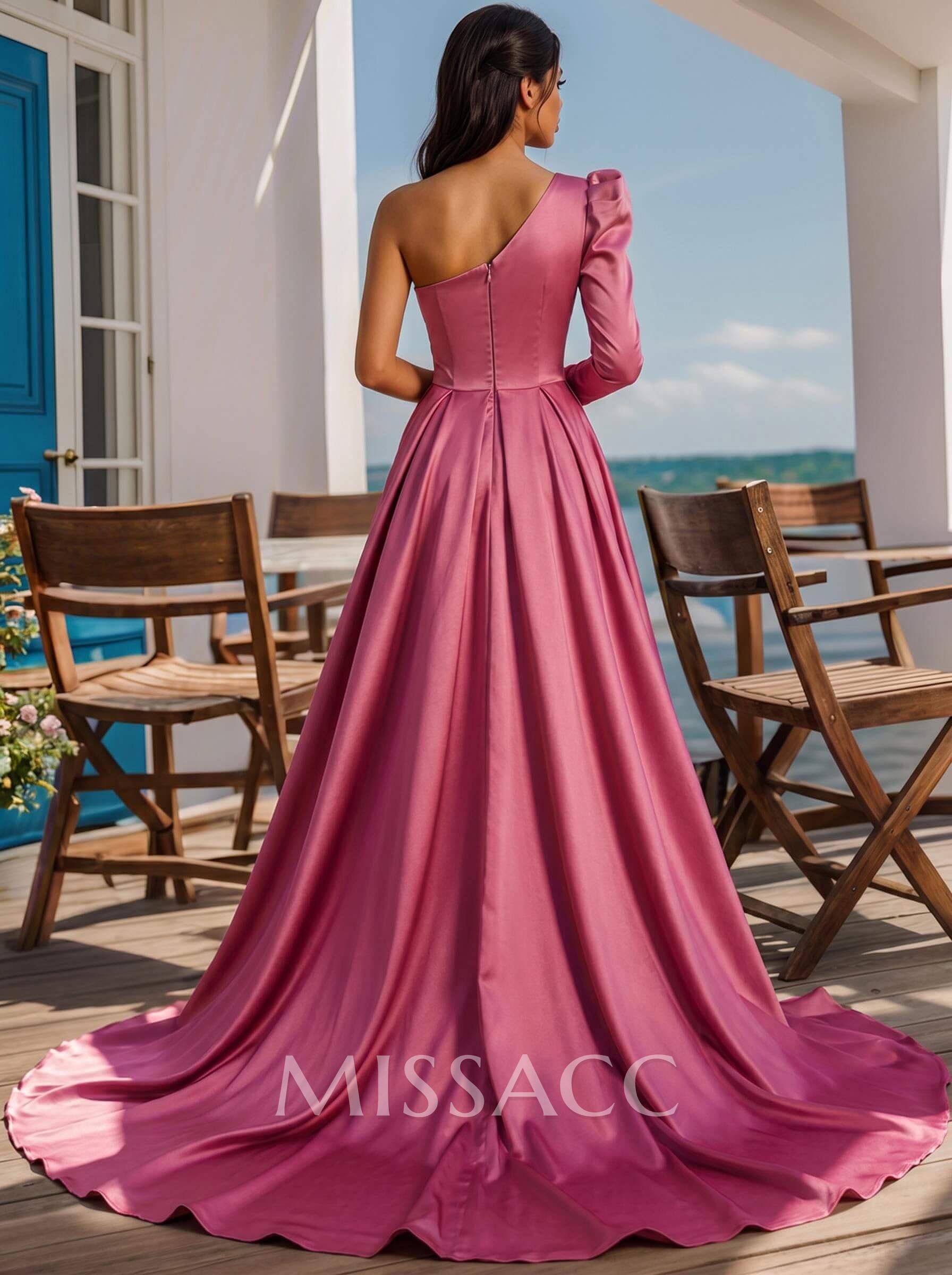 Sheath/Column One-Shoulder Long Sleeves Satin Evening Dress With High Split Sheath/Column One-Shoulder Long Sleeves Satin Evening Dress With High Split