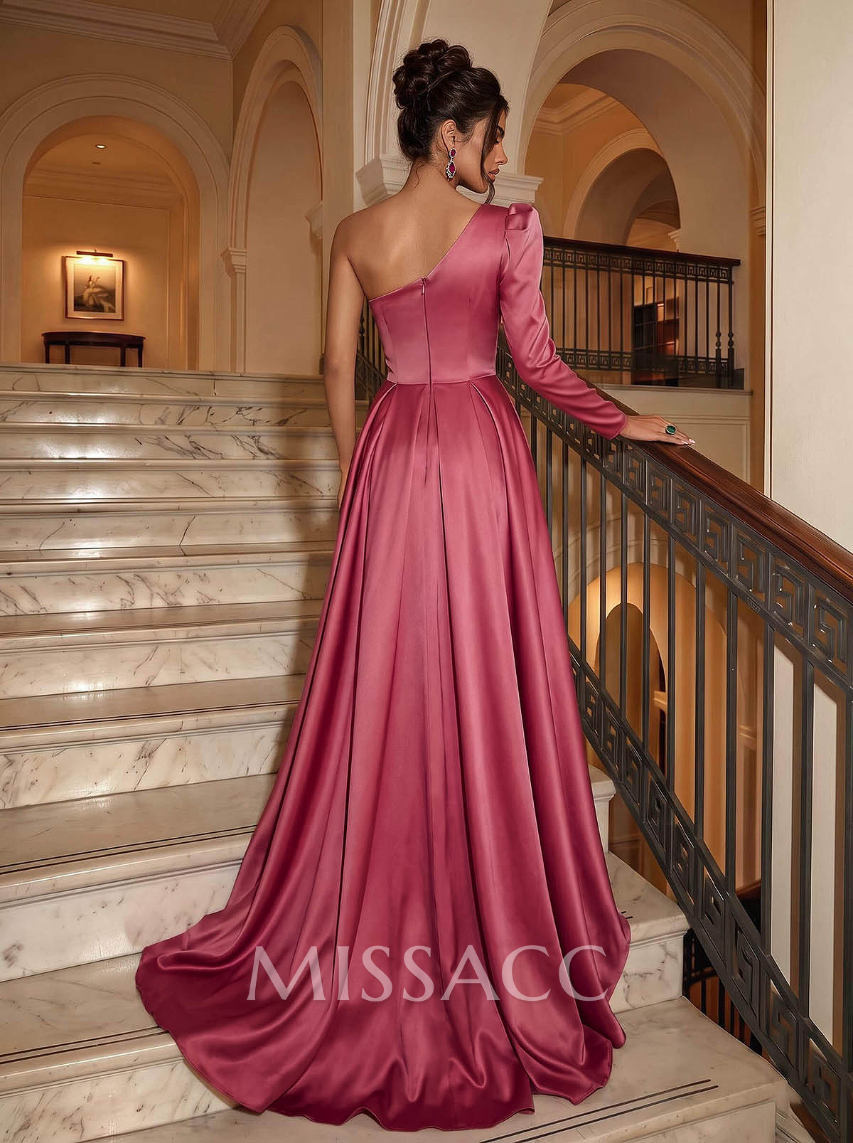 Sheath/Column One-Shoulder Long Sleeves Satin Evening Dress With High Split Sheath/Column One-Shoulder Long Sleeves Satin Evening Dress With High Split