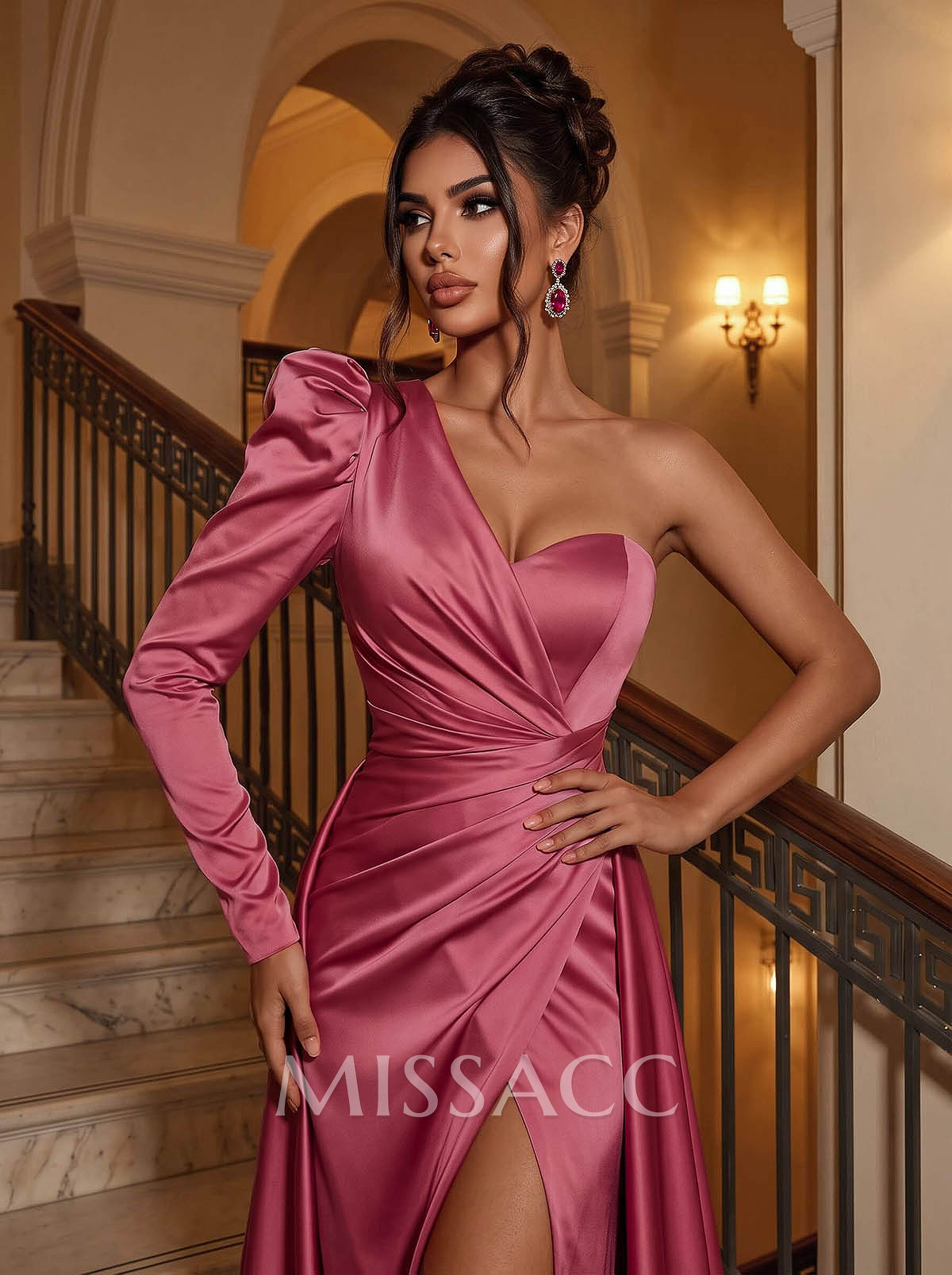 Sheath/Column One-Shoulder Long Sleeves Satin Evening Dress With High Split Sheath/Column One-Shoulder Long Sleeves Satin Evening Dress With High Split