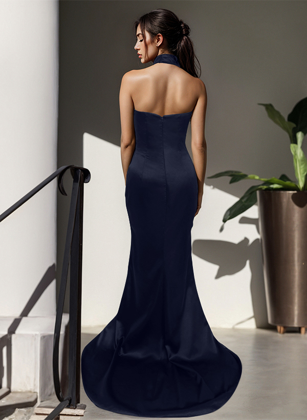Sheath/Column Halter Silk Like Satin Evening Dress With Split Front