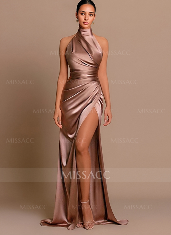 Sheath/Column Halter Charmeuse Evening Dress With High Split