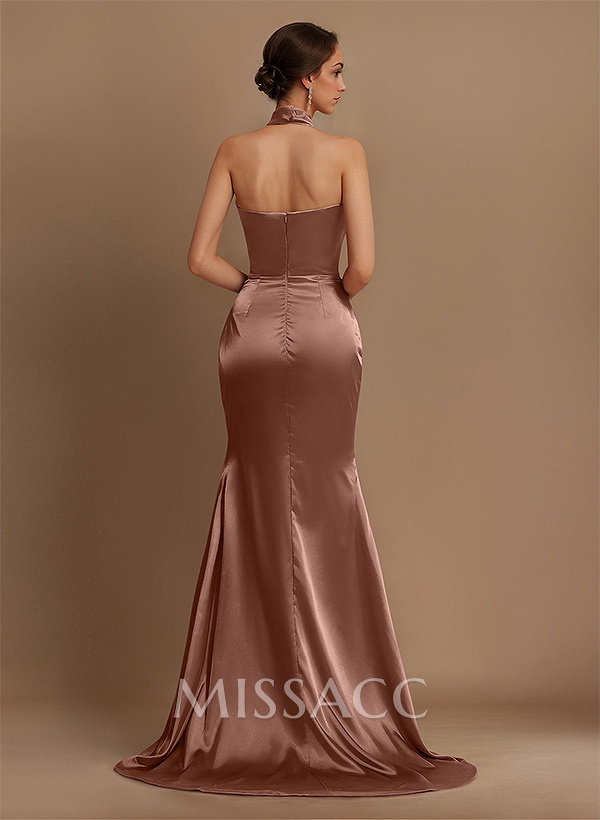 Sheath/Column Halter Charmeuse Evening Dress With High Split