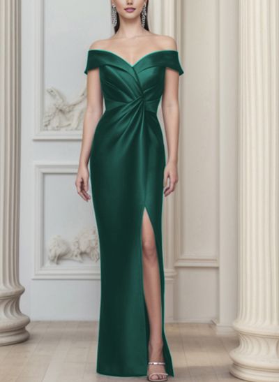 Sheath/Column Off-The-Shoulder Satin Evening Dresses With Split Front