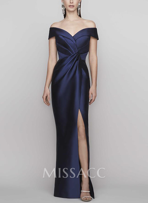 Sheath/Column Off-The-Shoulder Satin Evening Dresses With Split Front