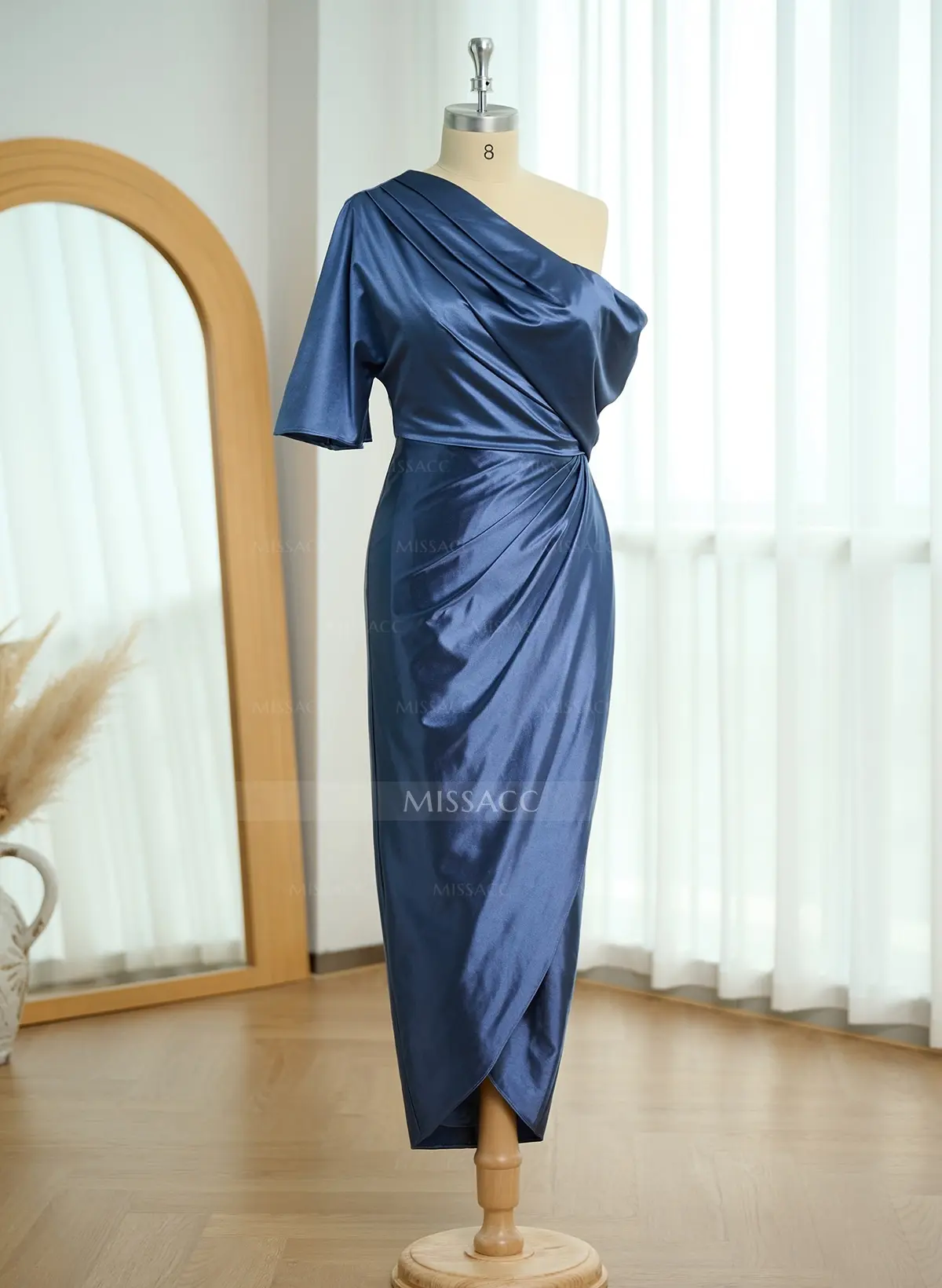 Missacc Slate Blue Evening Dresses Sheath/Column One-Shoulder Stretch Satin Knit Evening Dresses with Ruffle