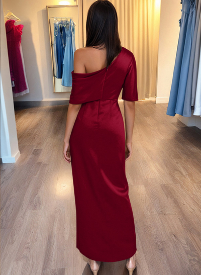 Asymmetrical Sleeveless Stretch Satin Sheath Evening Dress With Ruffles