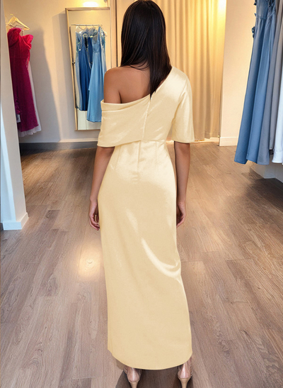 Asymmetrical Sleeveless Stretch Satin Sheath Evening Dress With Ruffles