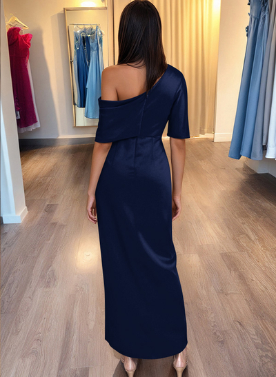 Asymmetrical Sleeveless Stretch Satin Sheath Evening Dress With Ruffles