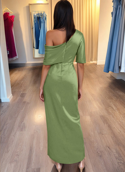 Asymmetrical Sleeveless Stretch Satin Sheath Evening Dress With Ruffles
