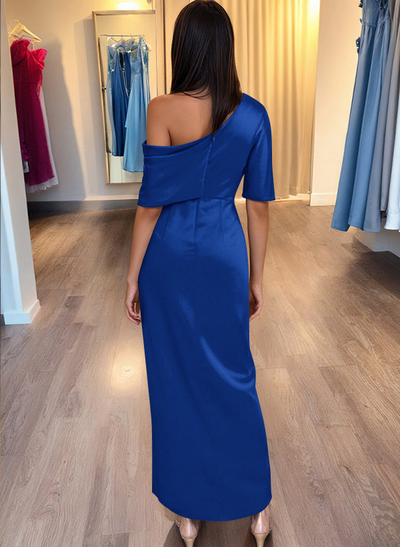 Asymmetrical Sleeveless Stretch Satin Sheath Evening Dress With Ruffles