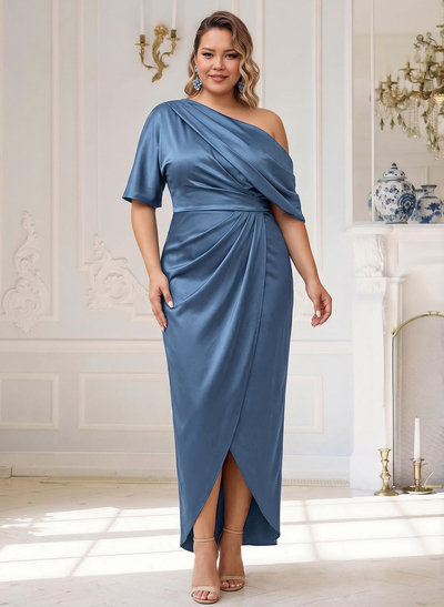 Asymmetrical Sleeveless Stretch Satin Sheath Evening Dress With Ruffles