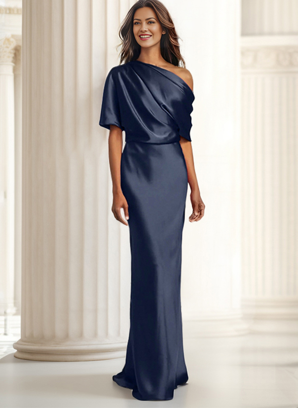 Sheath/Column One-Shoulder Short Sleeves Satin Evening Dresses
