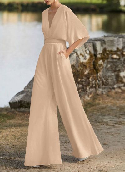 Jumpsuit/Pantsuit V-Neck 1/2 Sleeves Elastic Satin Floor-Length Evening Dresses