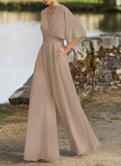 Jumpsuit/Pantsuit V-Neck 1/2 Sleeves Elastic Satin Floor-Length Evening Dresses