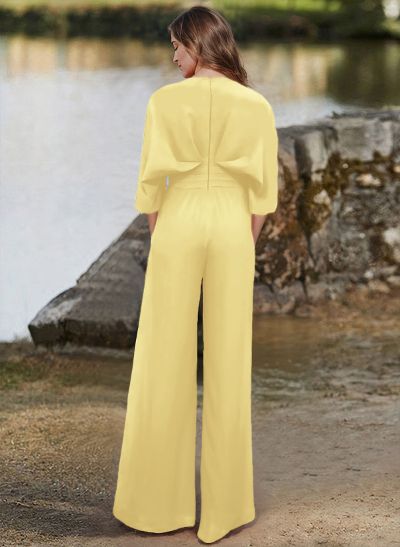 Jumpsuit/Pantsuit V-Neck 1/2 Sleeves Elastic Satin Floor-Length Evening Dresses