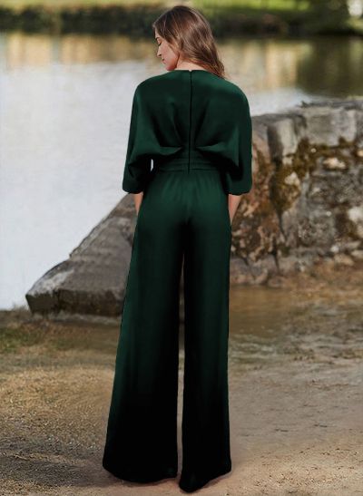 Jumpsuit/Pantsuit V-Neck 1/2 Sleeves Elastic Satin Floor-Length Evening Dresses