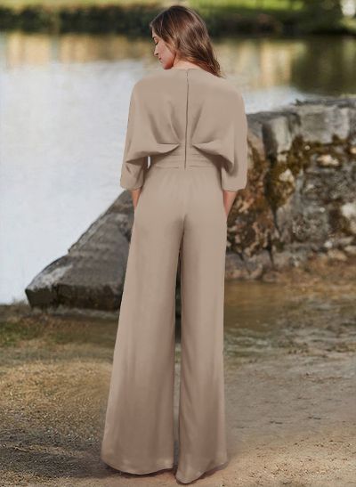 Jumpsuit/Pantsuit V-Neck 1/2 Sleeves Elastic Satin Floor-Length Evening Dresses