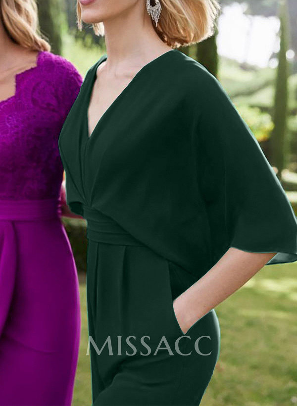 Jumpsuit/Pantsuit V-Neck 1/2 Sleeves Elastic Satin Floor-Length Evening Dresses