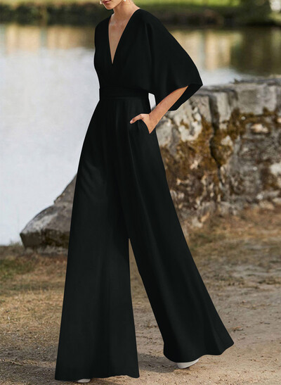 Jumpsuit/Pantsuit V-Neck 1/2 Sleeves Elastic Satin Floor-Length Evening Dresses