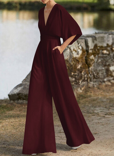 Jumpsuit/Pantsuit V-Neck 1/2 Sleeves Elastic Satin Floor-Length Evening Dresses