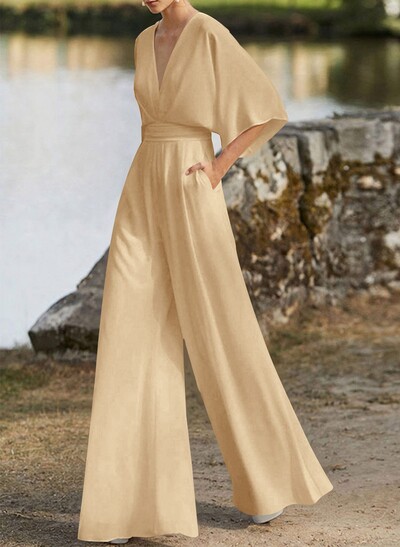 Jumpsuit/Pantsuit V-Neck 1/2 Sleeves Elastic Satin Floor-Length Evening Dresses