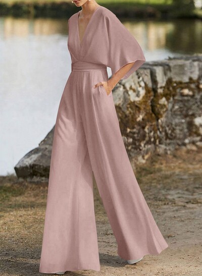 Jumpsuit/Pantsuit V-Neck 1/2 Sleeves Elastic Satin Floor-Length Evening Dresses
