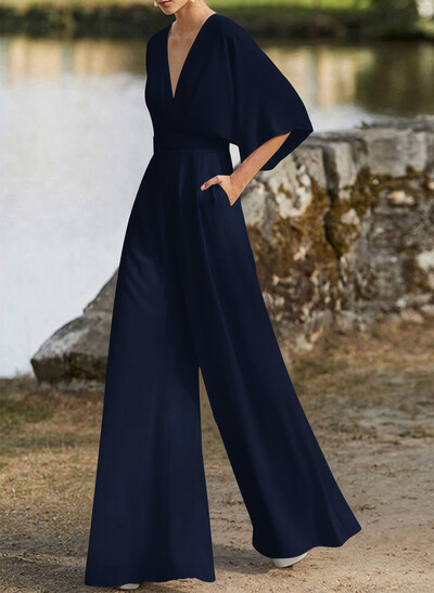 Jumpsuit/Pantsuit V-Neck 1/2 Sleeves Elastic Satin Floor-Length Evening Dresses