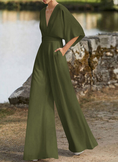 Jumpsuit/Pantsuit V-Neck 1/2 Sleeves Elastic Satin Floor-Length Evening Dresses